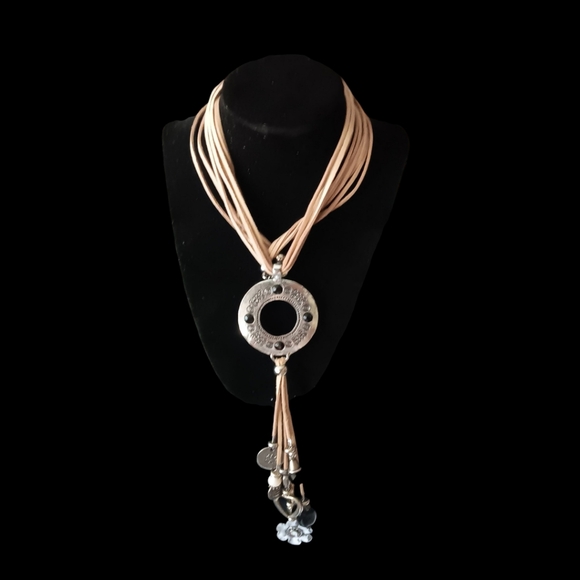 Leather and Silver Toned Pendant With Black Stones/Faux Pearl/Metal Pendants 24" - Picture 1 of 4